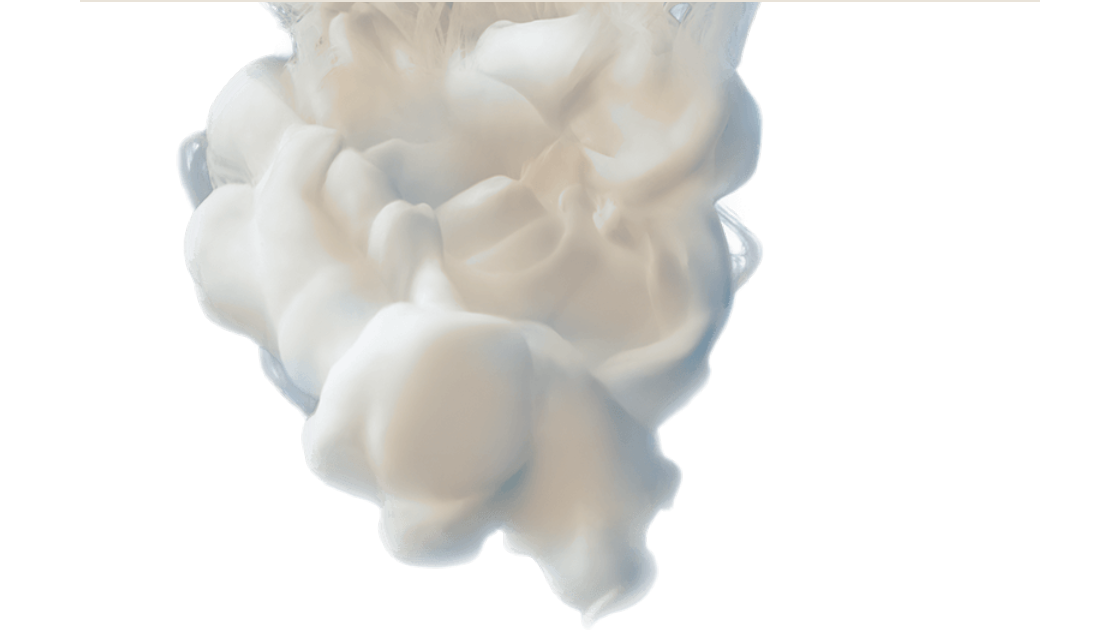 White herbicide cloud dispersing against a solid blue background, symbolizing mixing and chemical blending.